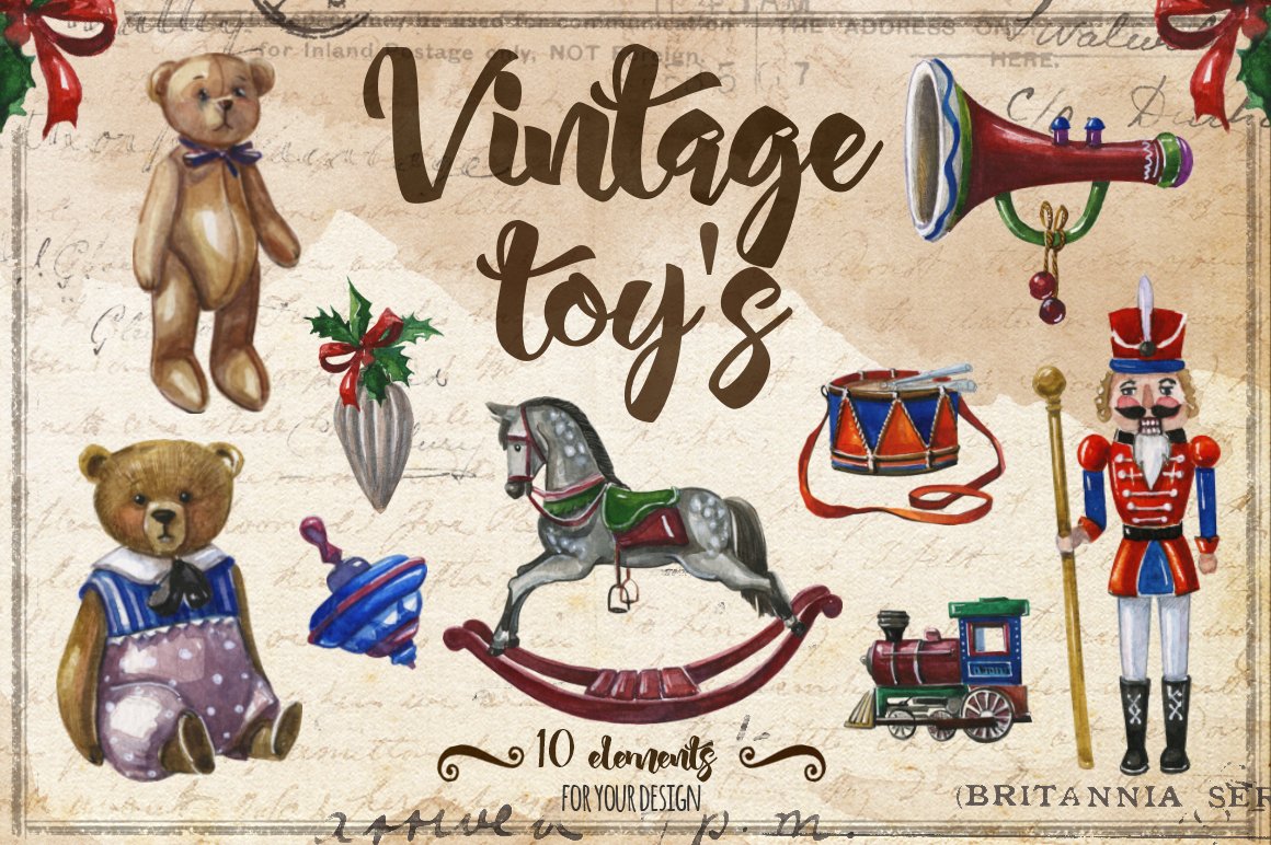 Watercolor vintage christmas toys cover image.
