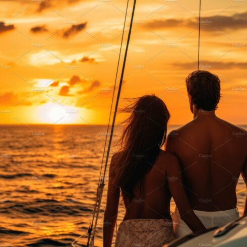 Couple looking in sunset at yacht. Romantic vacation . Generativ cover image.