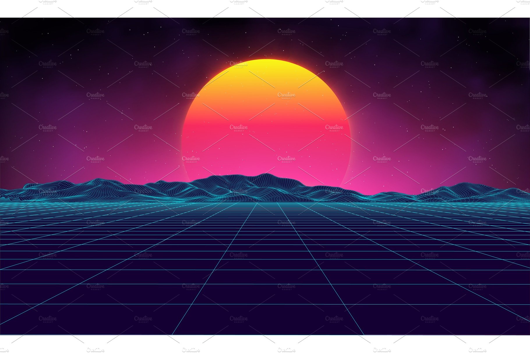 Retro landscape with sunset. cover image.