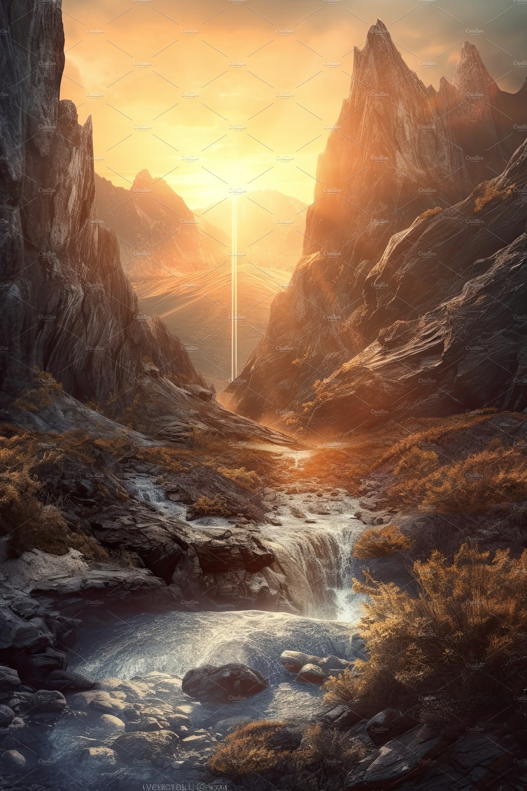 Beautiful vertical landscape with tall mountains, waterfall and a river. Ge... cover image.