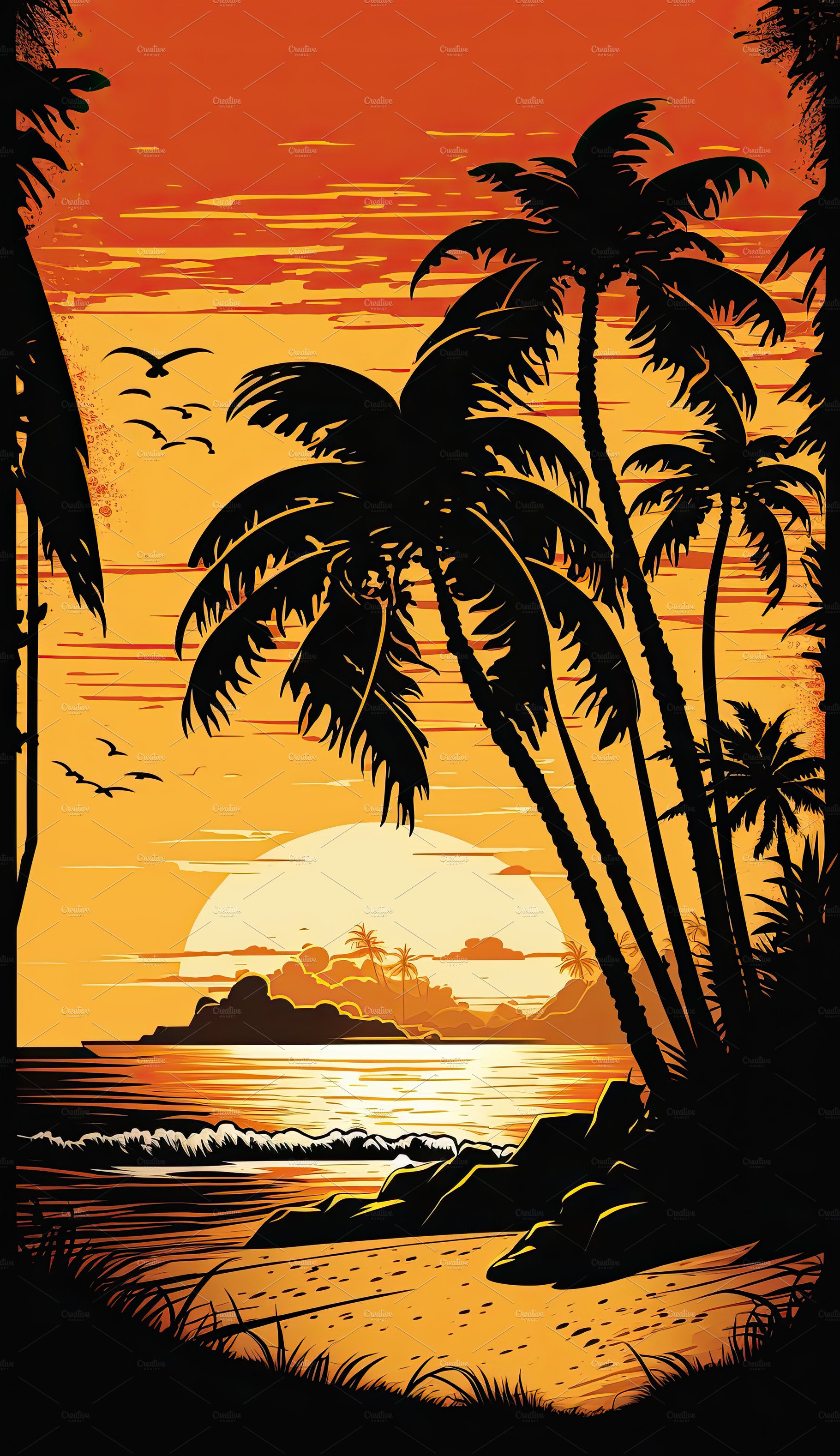 Silhouette palm tree on beach under sunset sky background. Orang cover image.