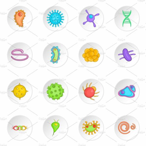 Virus icons set in cartoon style cover image.