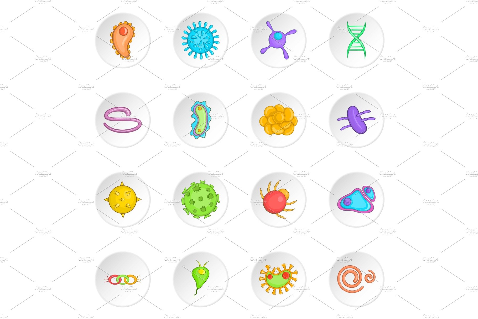 Virus icons set in cartoon style cover image.