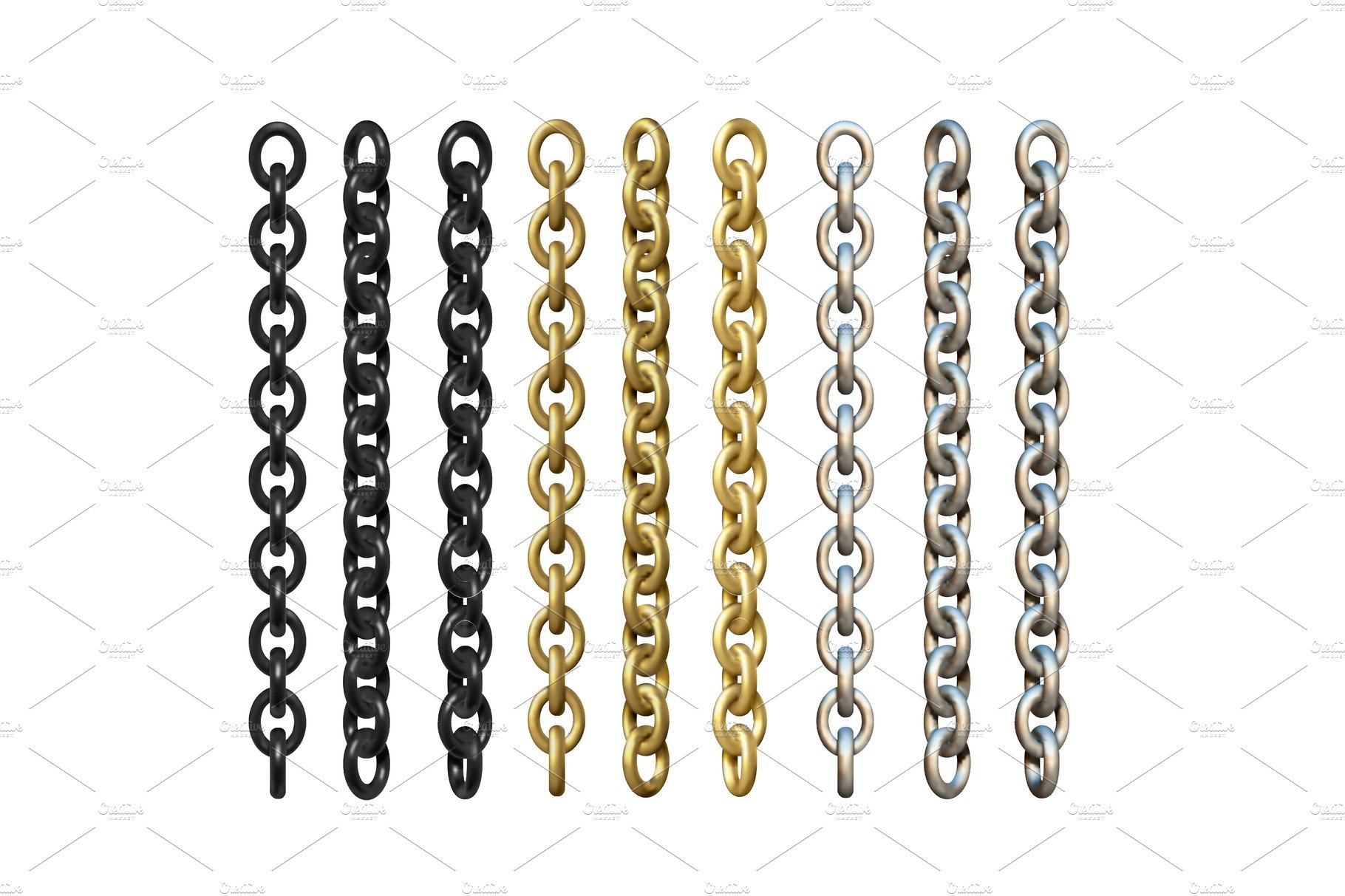 Gold, silver and black metal chains cover image.