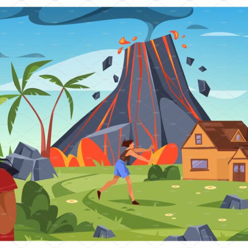 Volcanic eruption disaster, vector cover image.