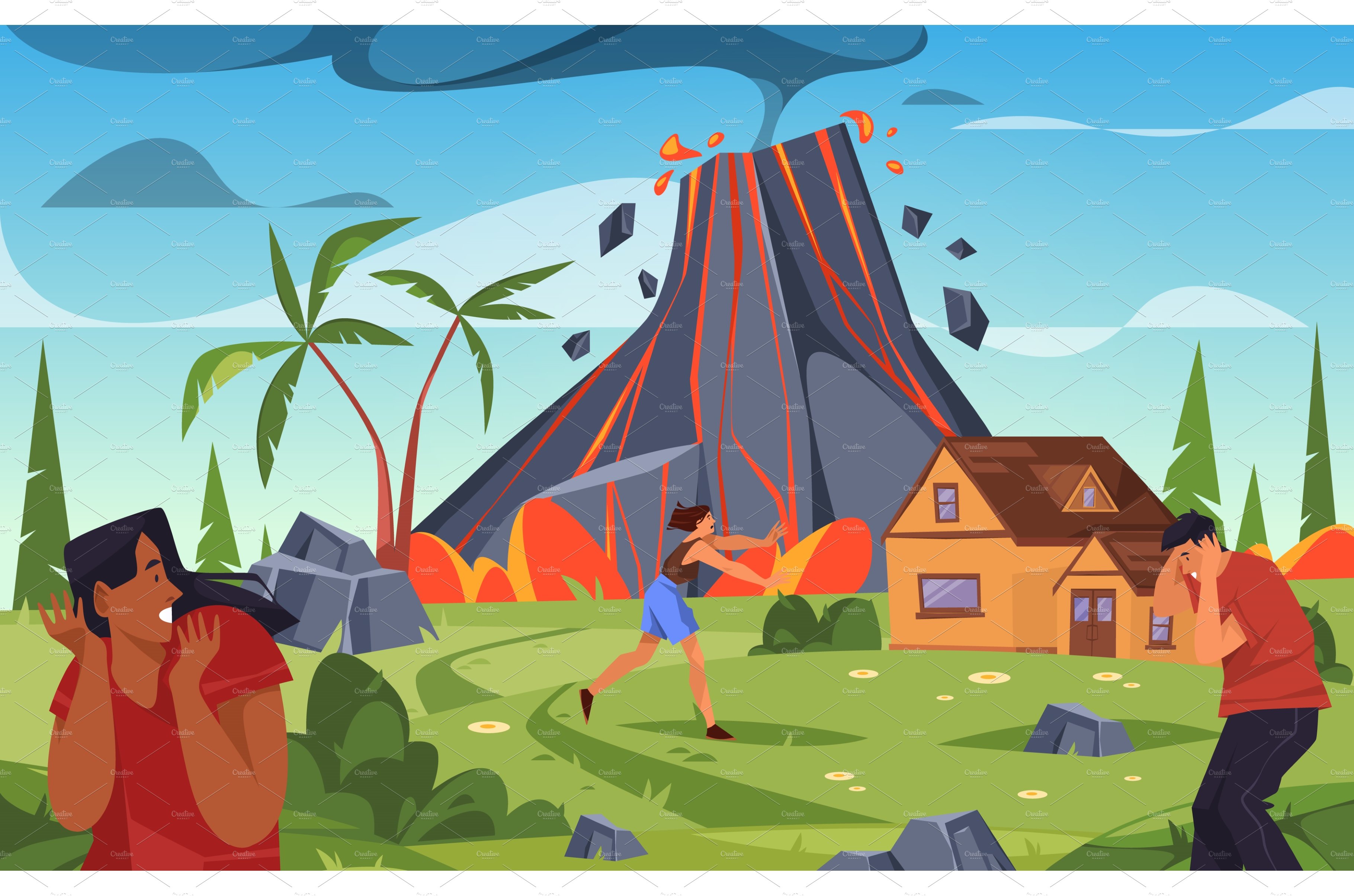Volcanic eruption disaster, vector cover image.