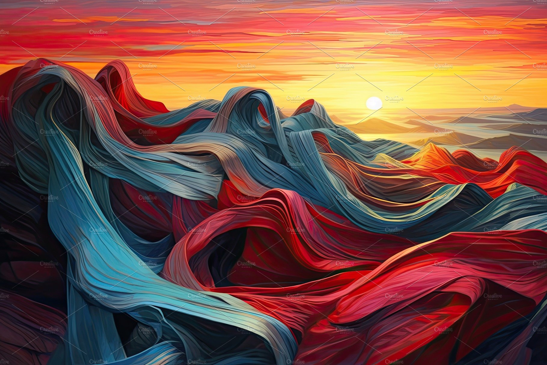 Colorful cloth weaved abstract painting over a sunset background cover image.