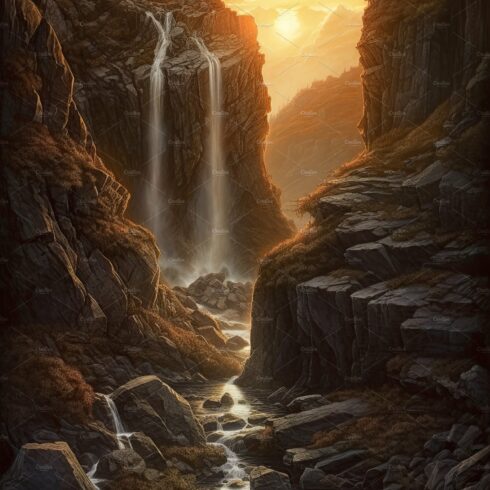 Beautiful vertical landscape with tall mountains, waterfall and a river. Ge... cover image.