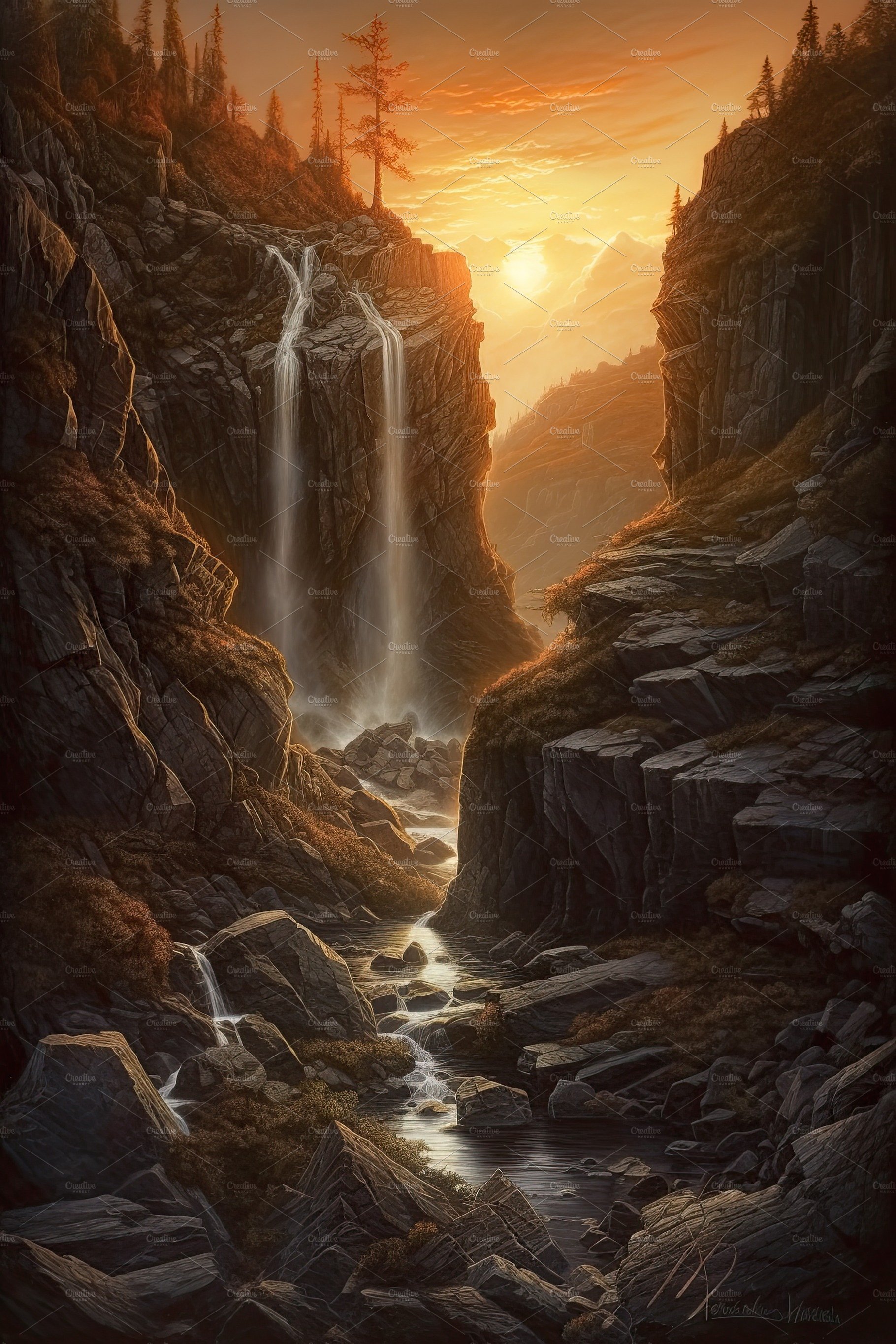 Beautiful vertical landscape with tall mountains, waterfall and a river. Ge... cover image.