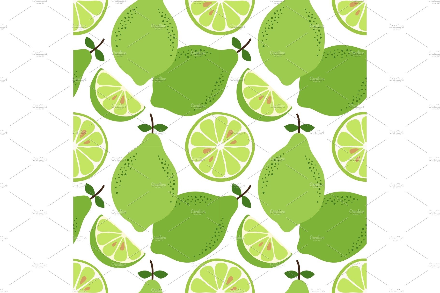 Cute hand drawn seamless pattern with lime citrus fruit and slices isolated... cover image.