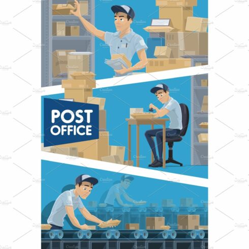 Postmen with parcels, post office cover image.