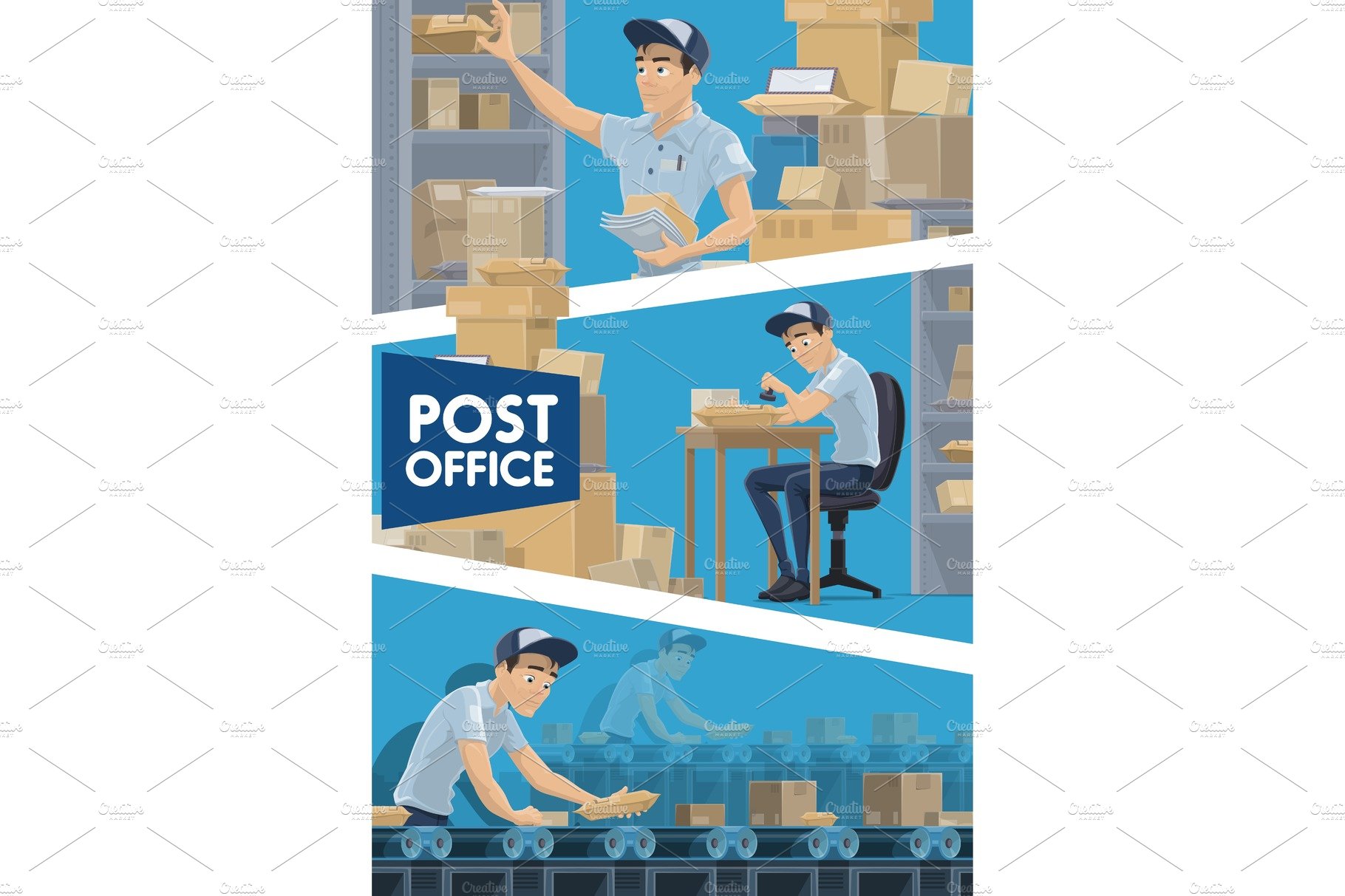 Postmen with parcels, post office cover image.