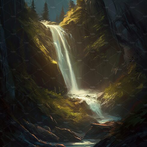 Beautiful vertical landscape with tall mountains, waterfall and a river. Ge... cover image.