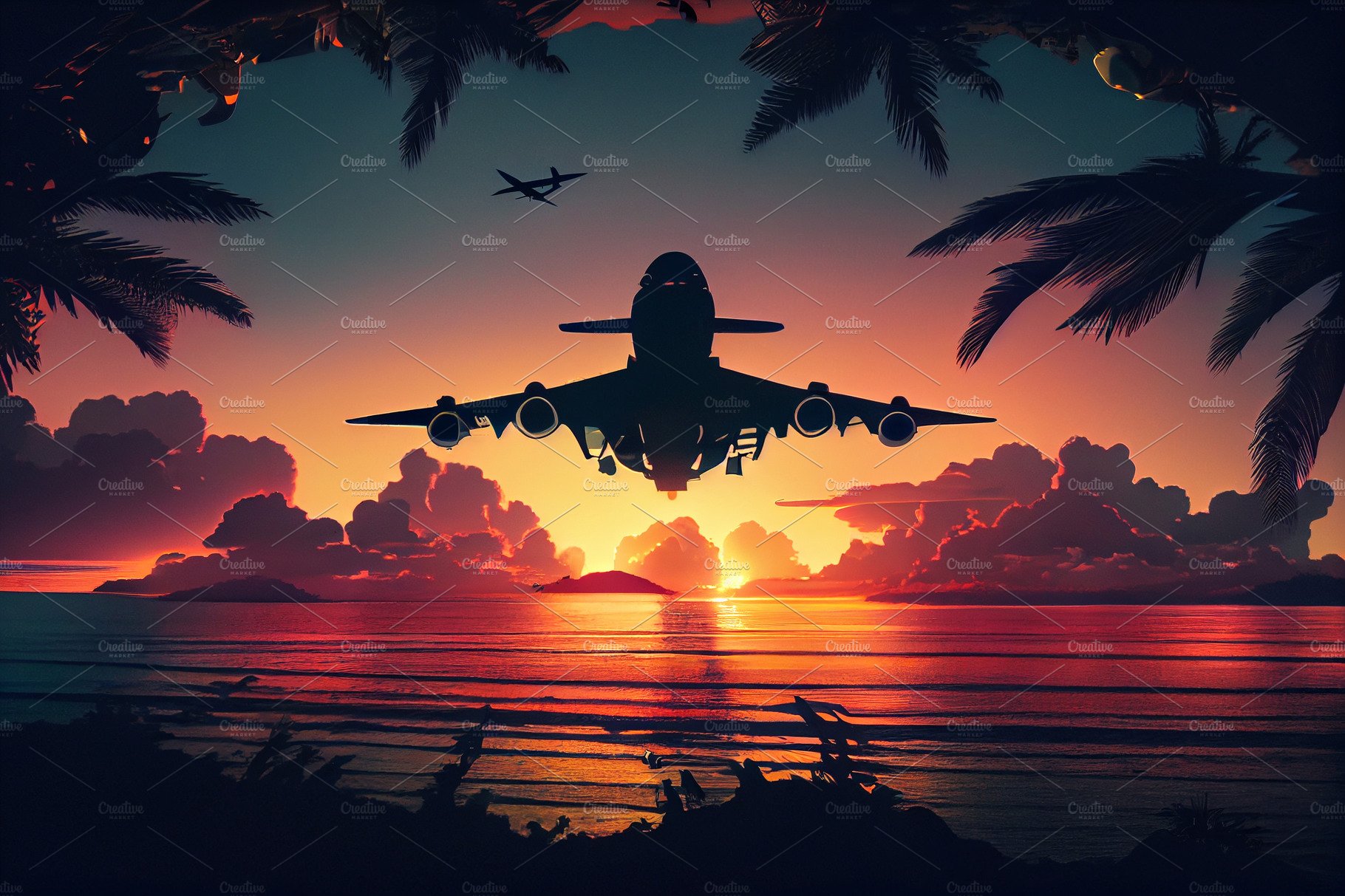 Airplane flying above tropical sea at sunset. Tropical travel concept backg... cover image.