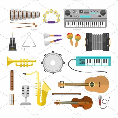 Different music instruments vector musical guitar violin and sound classica... cover image.