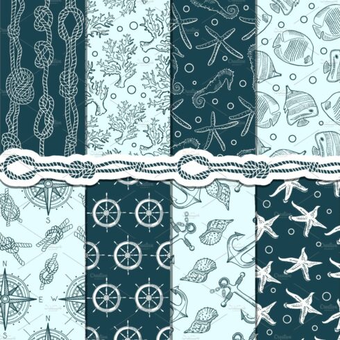 Different seamless patterns set of marine and nautical elements. Vector str... cover image.