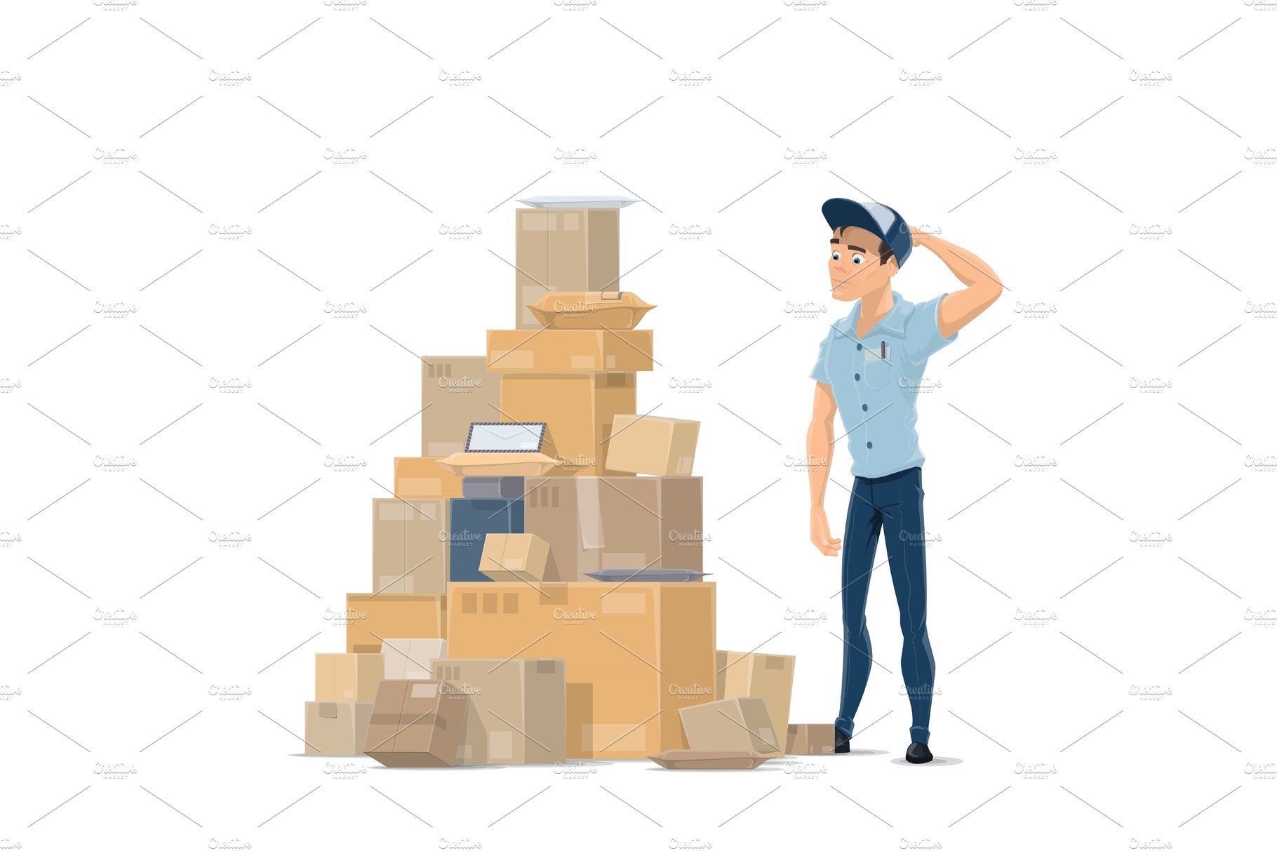 Post mail parcels and postman vector flat icon cover image.