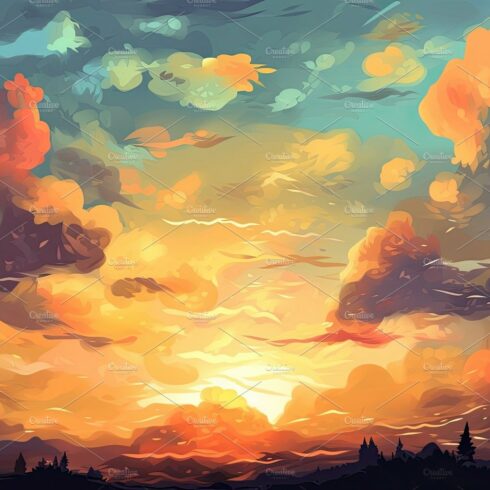 Illustrated sky with clouds, sun, stars, and sunrise or sunset. cover image.