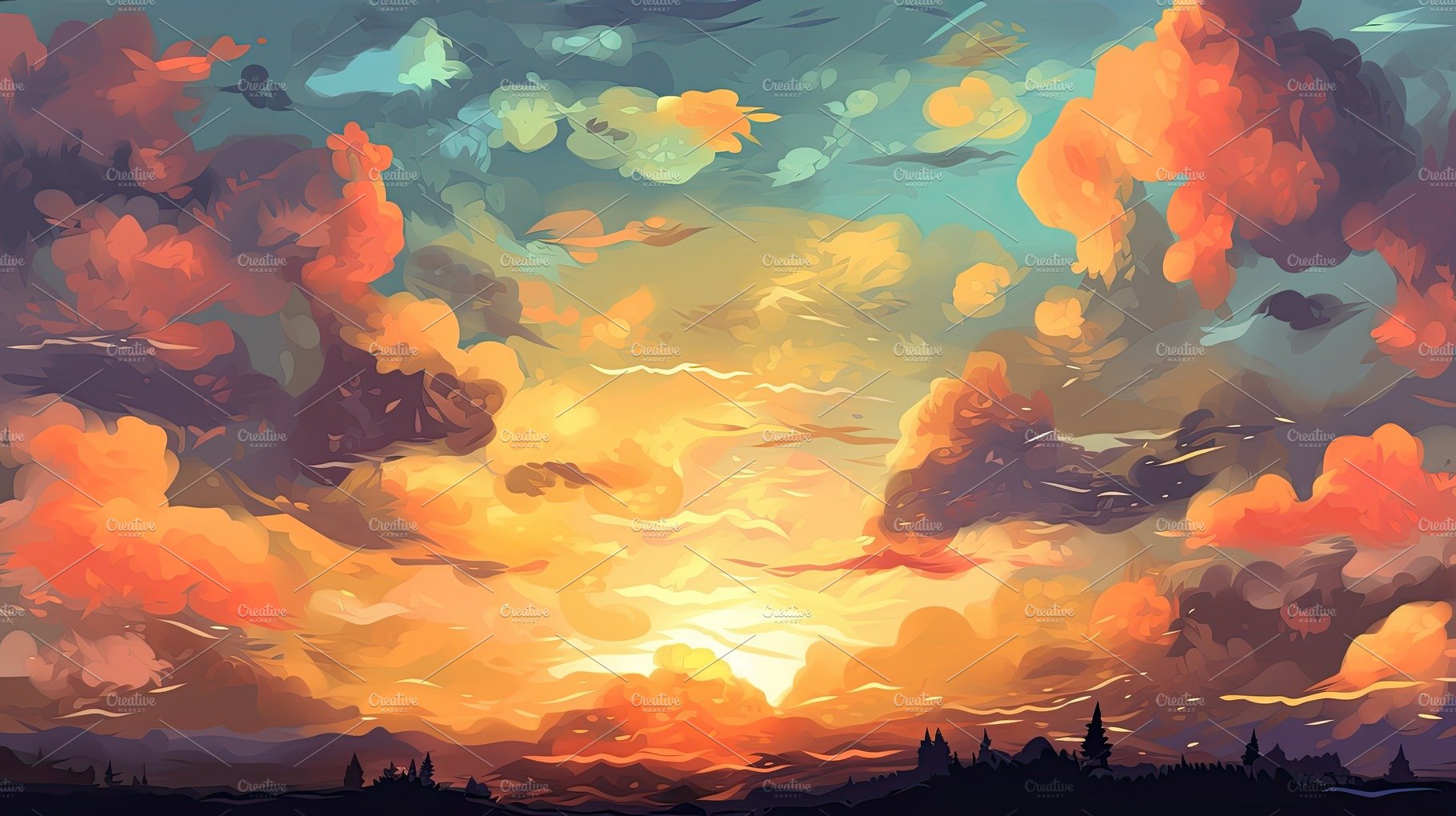 Illustrated sky with clouds, sun, stars, and sunrise or sunset. cover image.