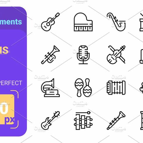 Music instruments and audio symbols cover image.