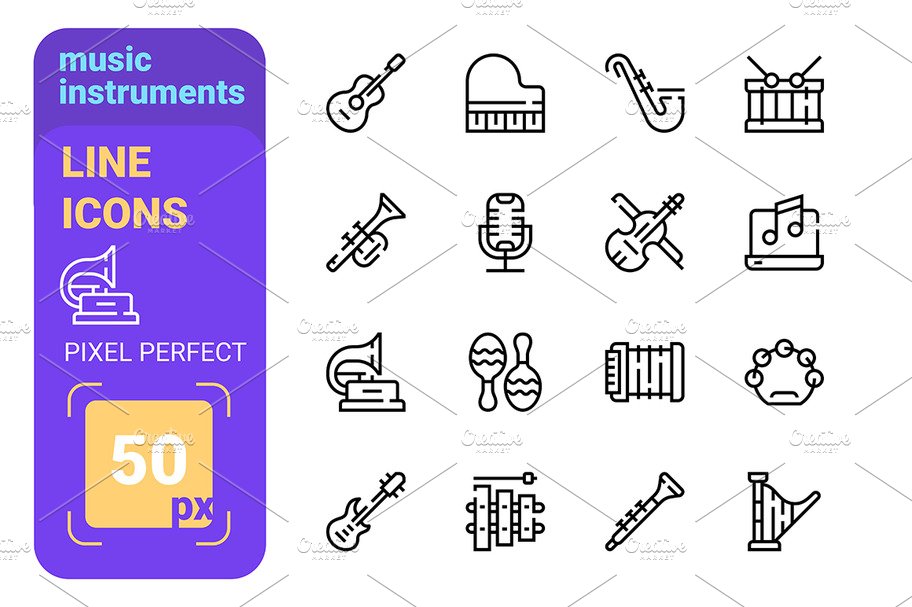 Music instruments and audio symbols cover image.