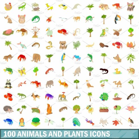 100 animals and plants icons set cover image.