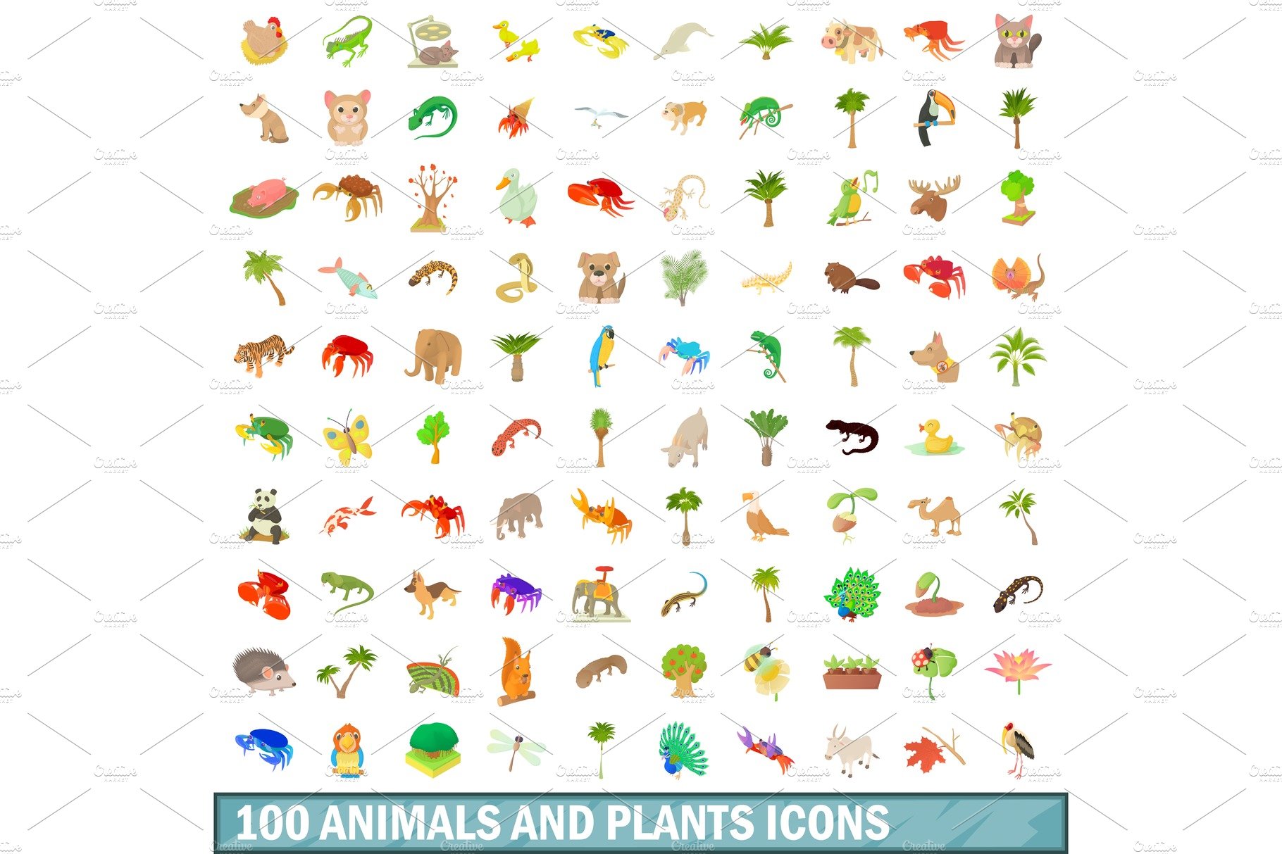 100 animals and plants icons set cover image.