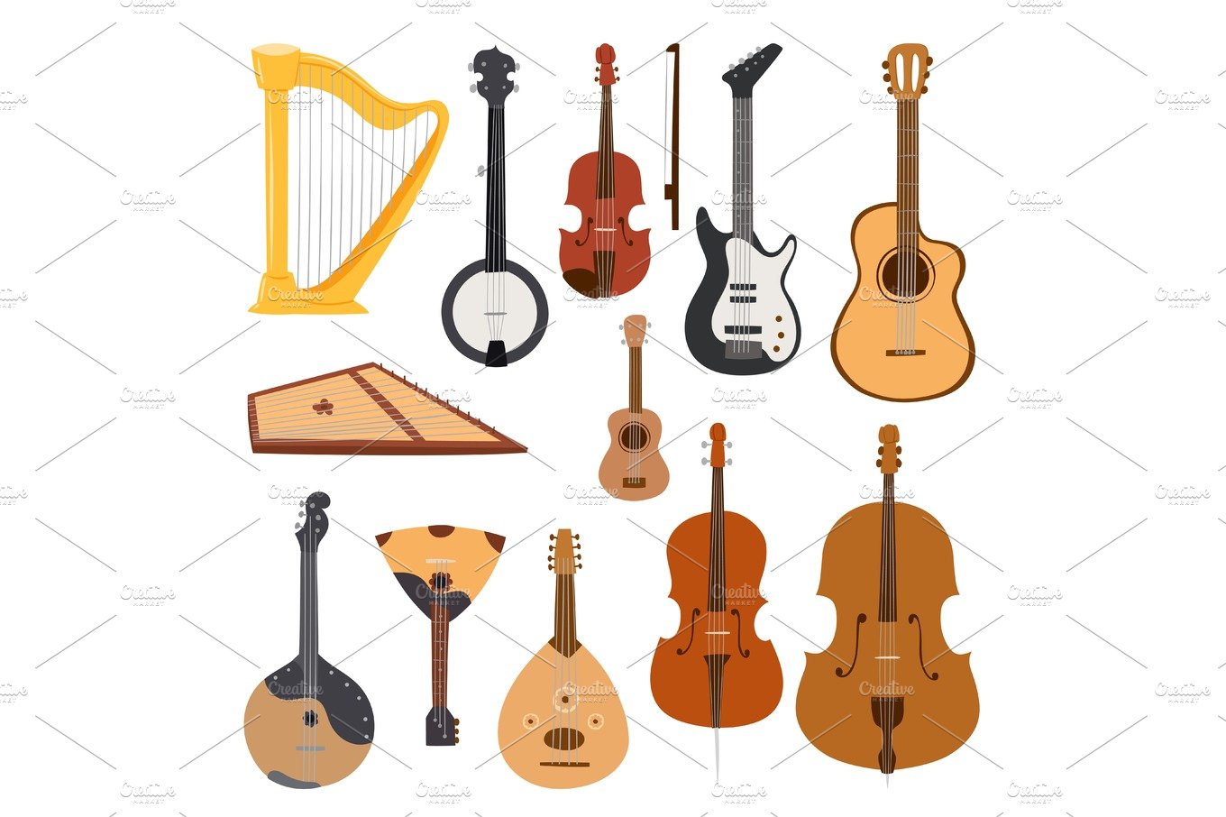 Stringed musical instruments classical orchestra tool equipment vector illu... cover image.