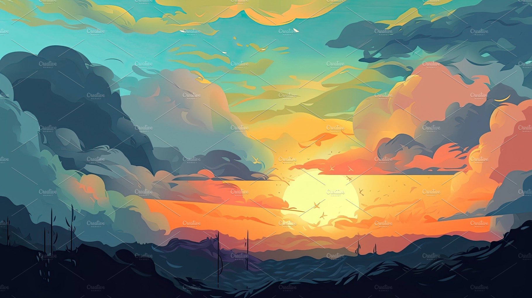 Illustrated sky with clouds, sun, stars, and sunrise or sunset. cover image.