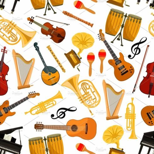 Musical instruments vector seamless pattern cover image.
