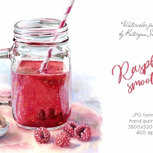 Raspberry Smoothie. Watercolor drink cover image.