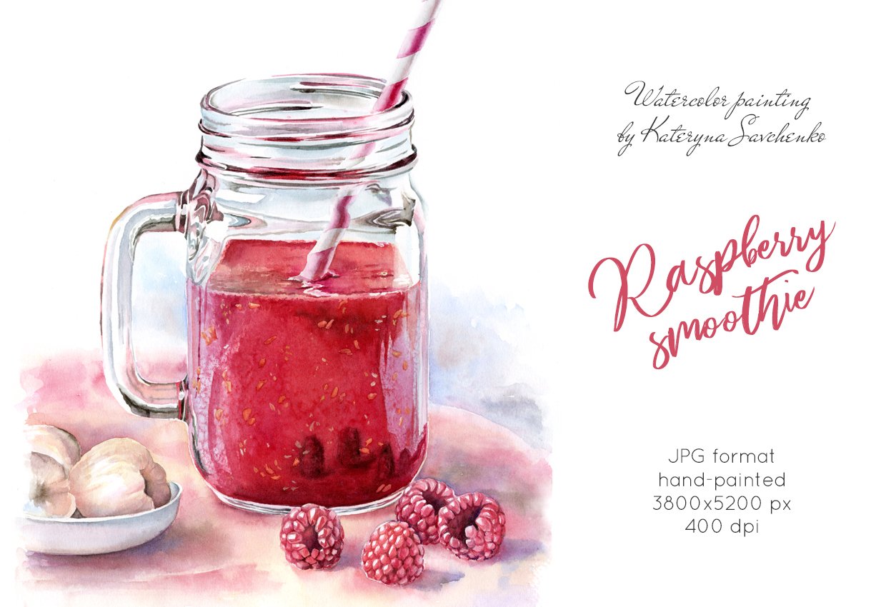 Raspberry Smoothie. Watercolor drink cover image.