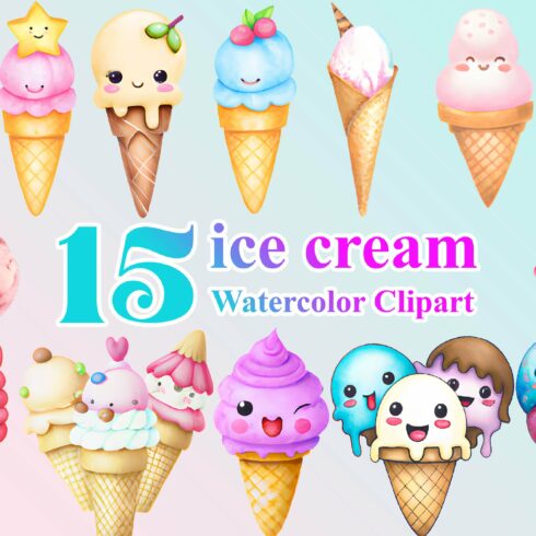 Watercolor ice cream Clipart cover image.