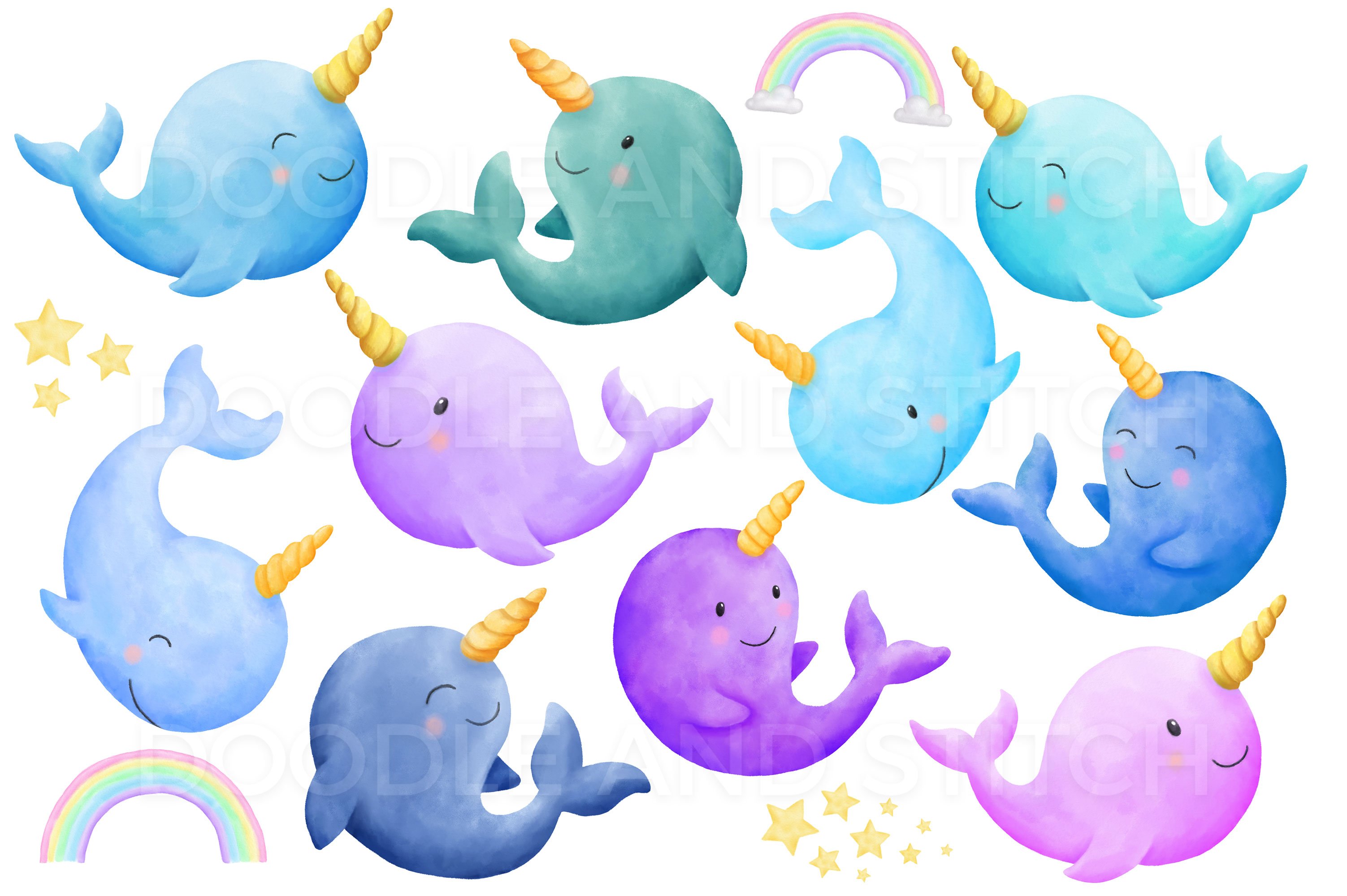 Narwhal Watercolor Illustrations preview image.