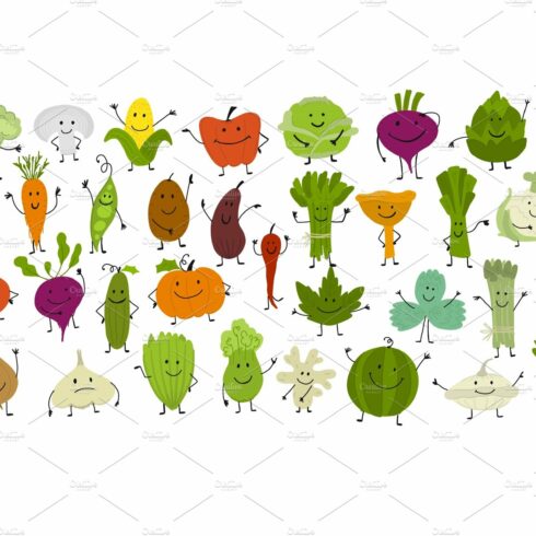 Funny smiling vegetables and greens cover image.