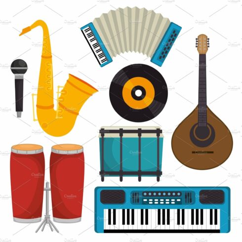 set musical instruments icons cover image.