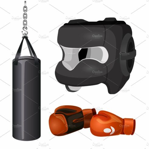 Boxing equipment punchbag on chain, protective headgear mask, leather gloves cover image.