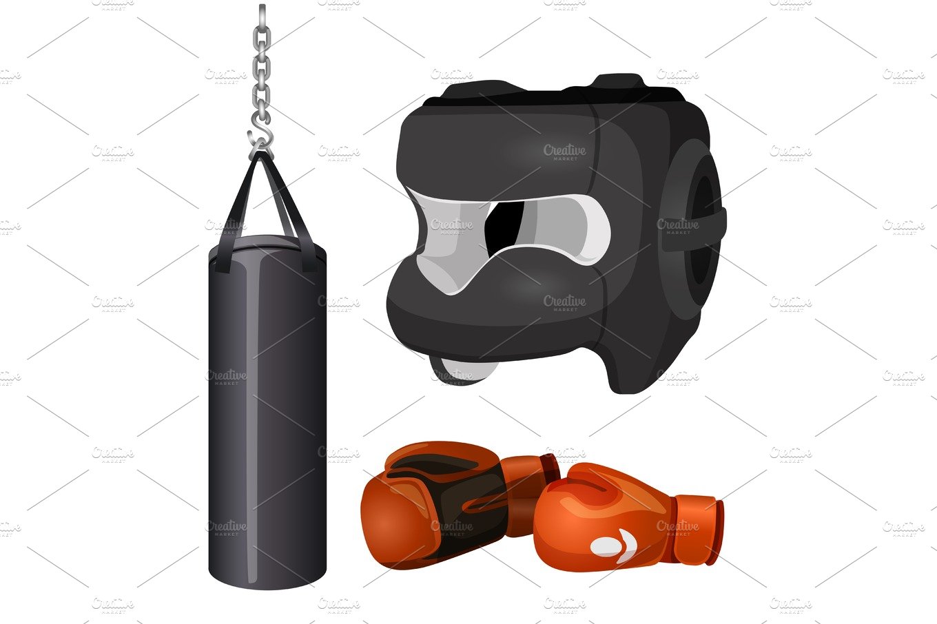 Boxing equipment punchbag on chain, protective headgear mask, leather gloves cover image.