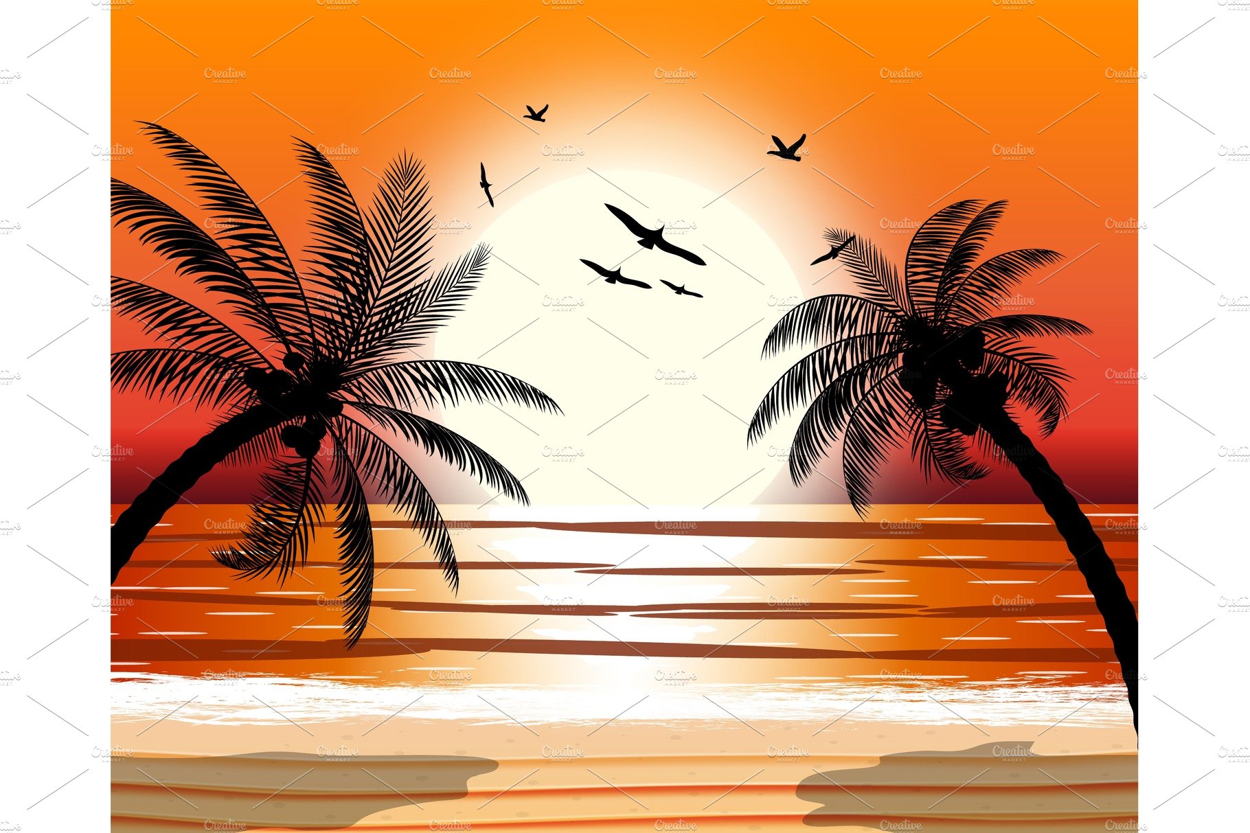 Silhouette of palm tree on beach. cover image.