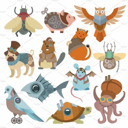 Animals steampunk vector animalistic characters in steam punk and industria... cover image.