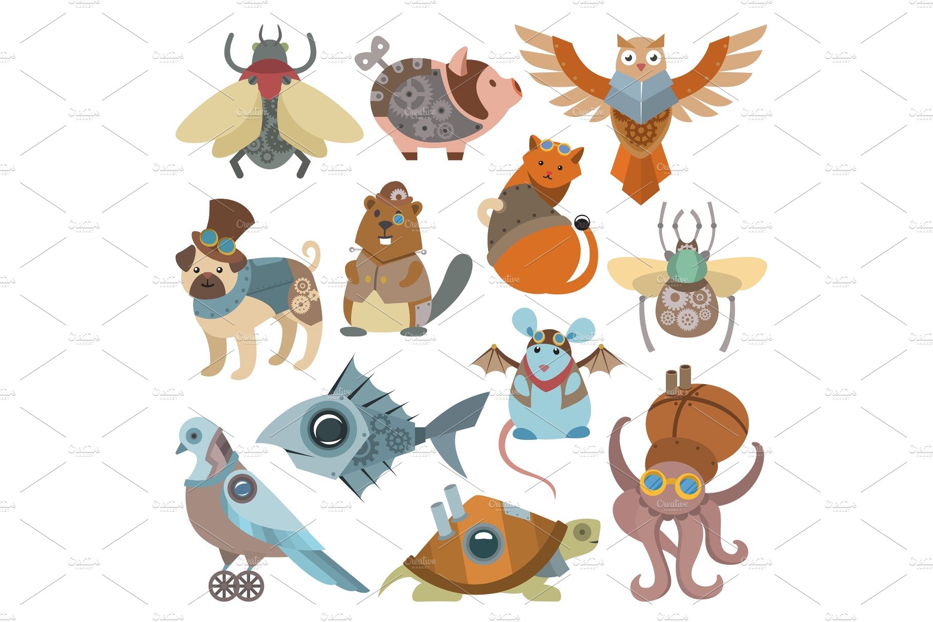 Animals steampunk vector animalistic characters in steam punk and industria... cover image.