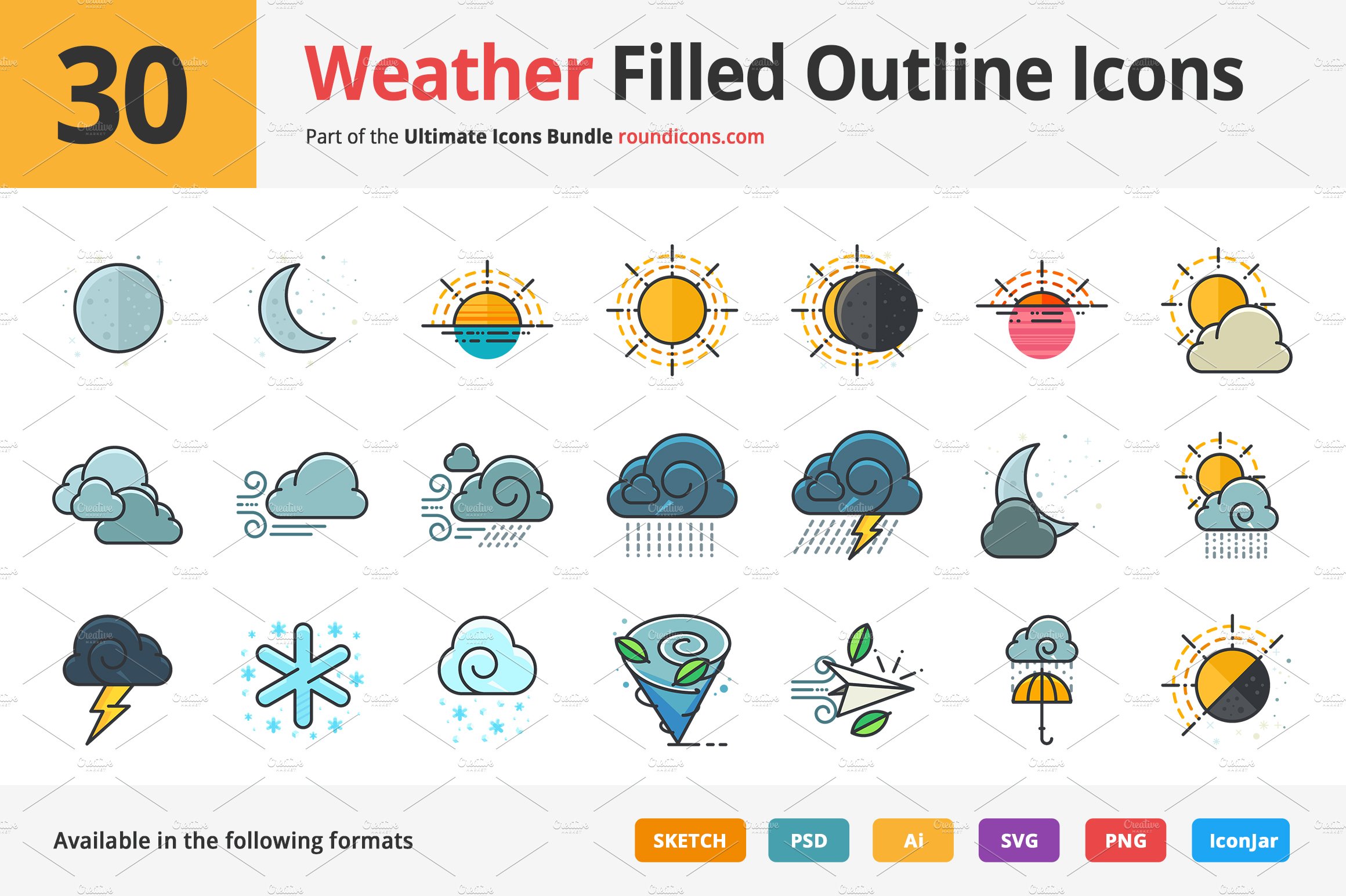 30 Weather Filled Outline Icons cover image.
