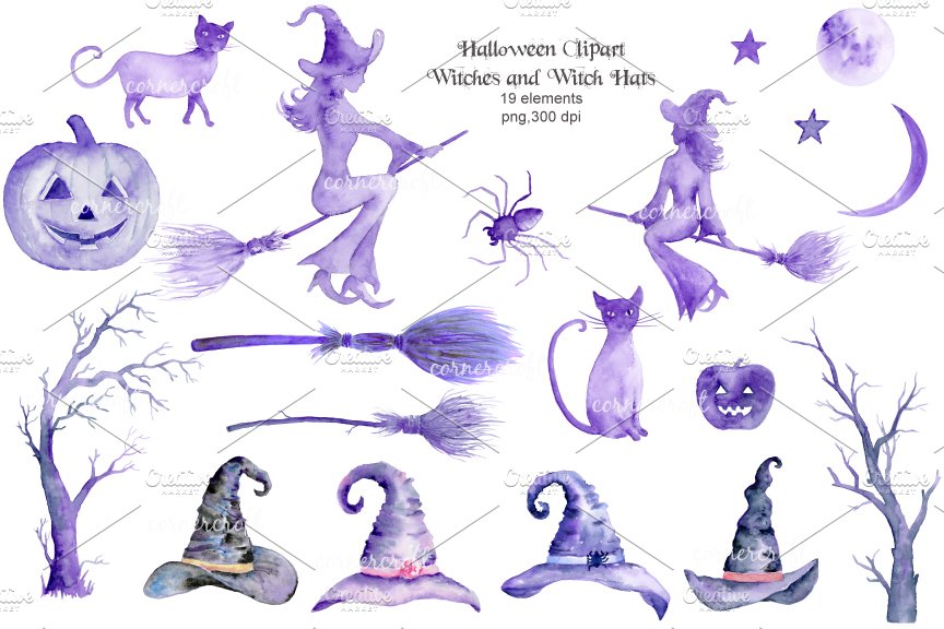 Watercolor Clipart Halloween Witch cover image.