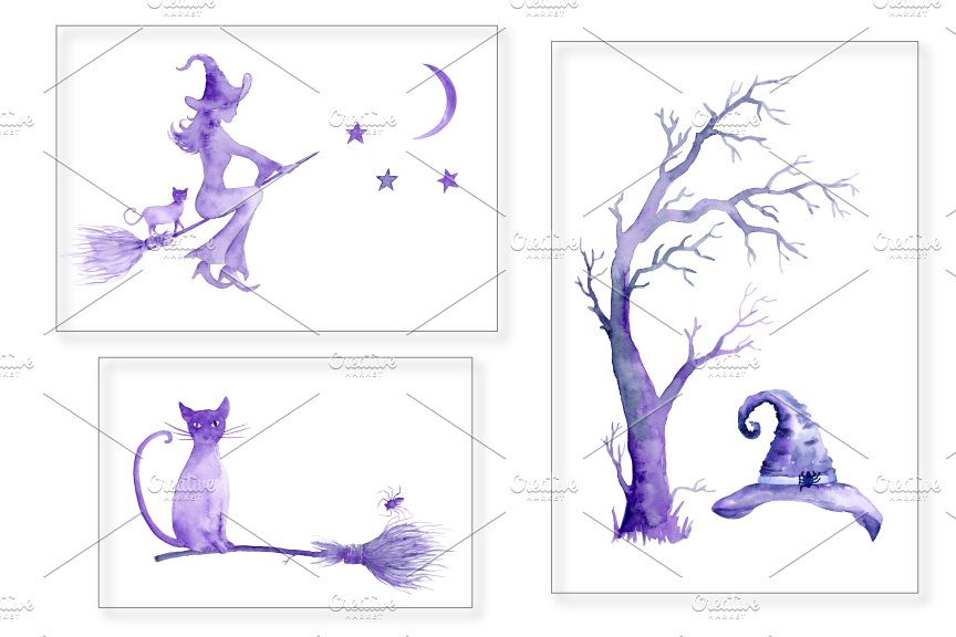 Watercolor Clipart Halloween Witch preview image.
