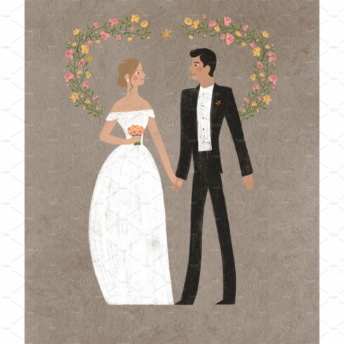 Cartoon wedding characters. Cute cover image.