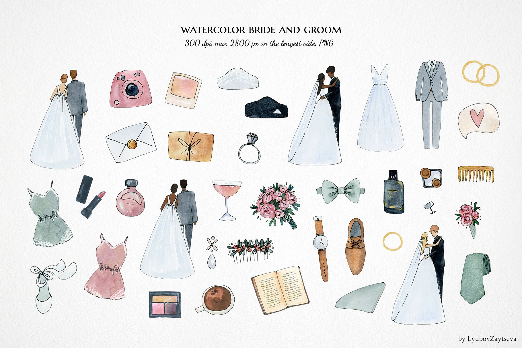 watercolor wedding bride clipart preview image.