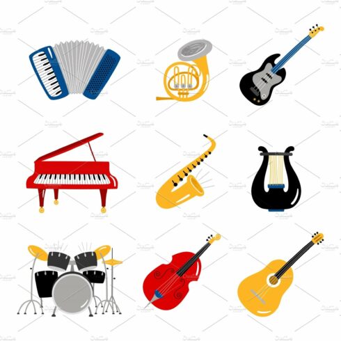 Popular music instruments vector cover image.