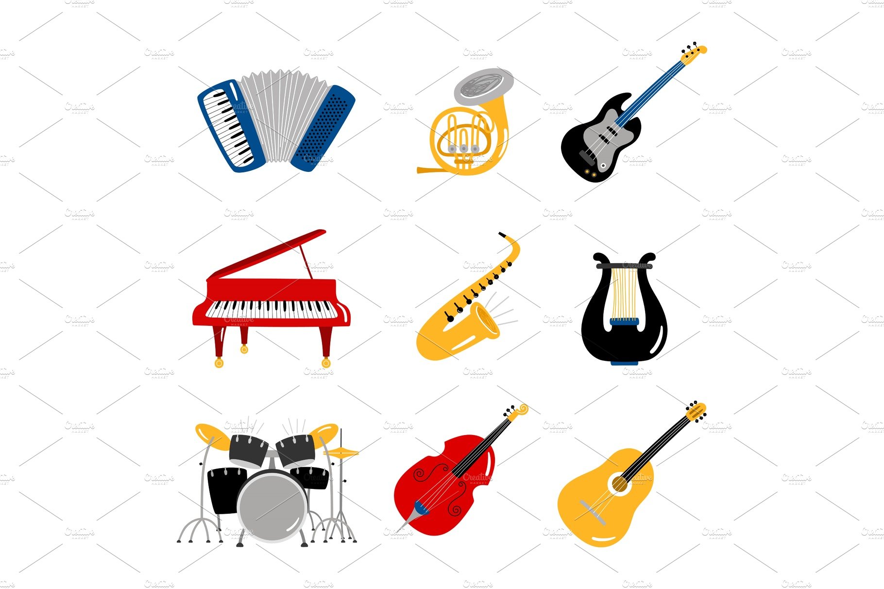 Popular music instruments vector cover image.