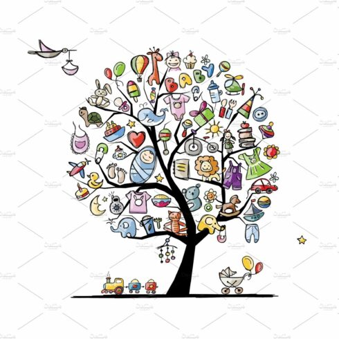 Art tree with baby toys for your cover image.