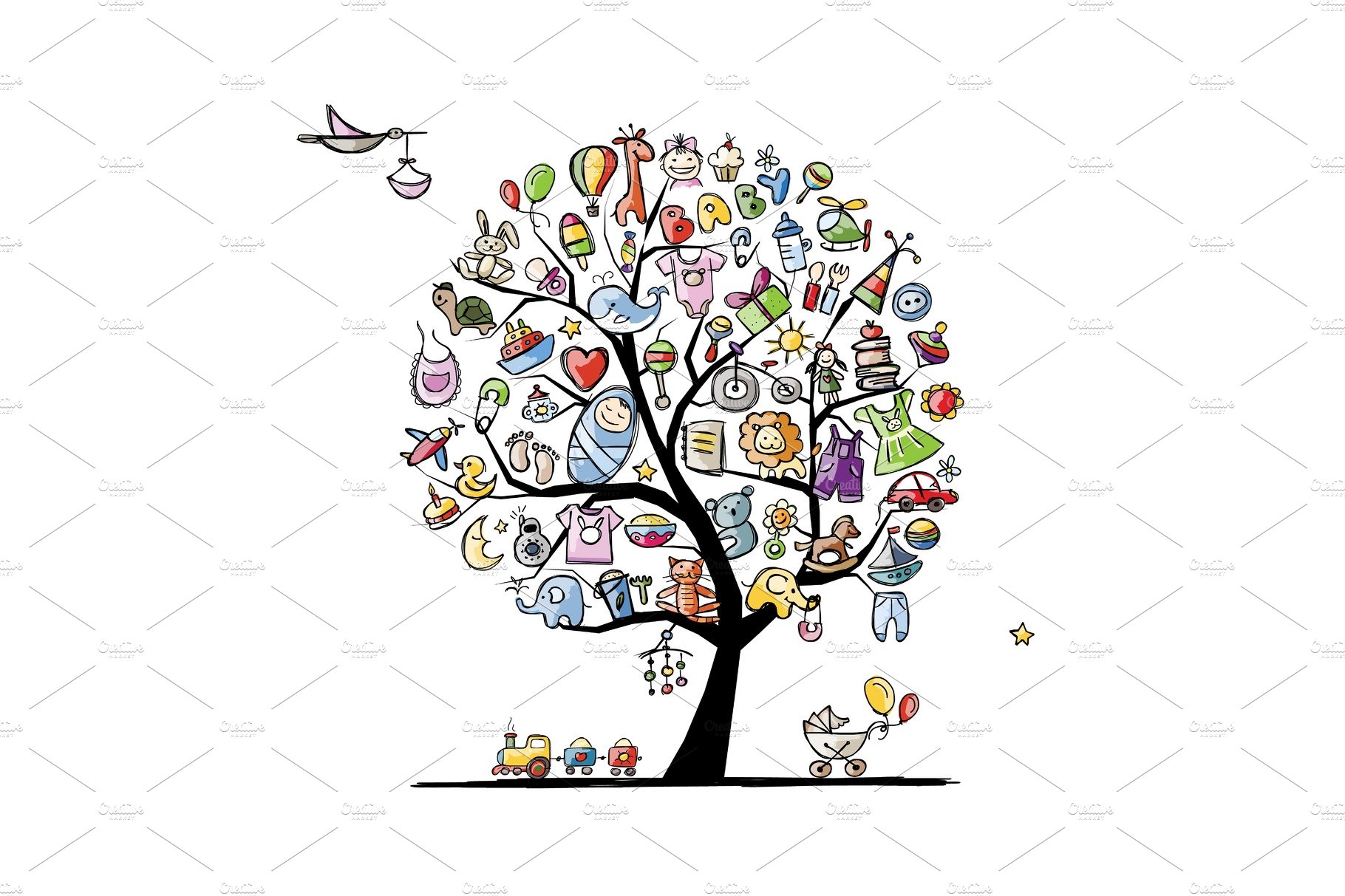 Art tree with baby toys for your cover image.